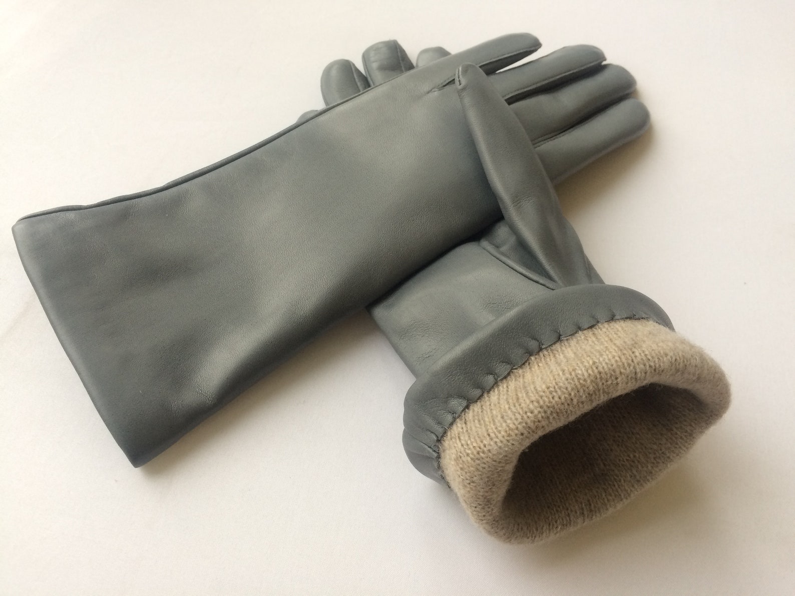 Womens Gray Leather Gloves Winter Leather Gloves Women Long Etsy