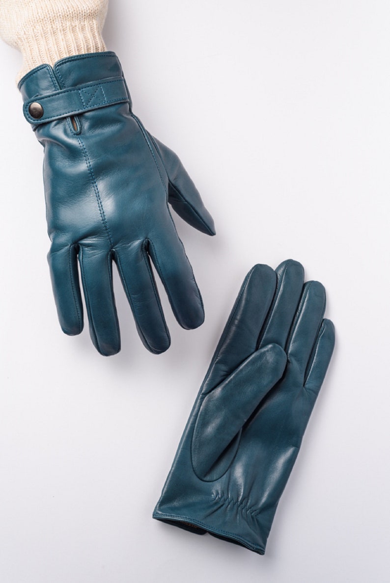 Mens Leather Gloves Winter Lined Blue Warm Gloves for Men Etsy