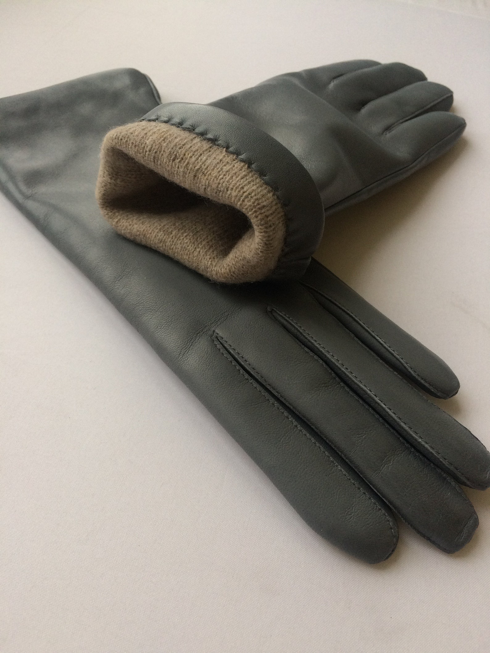 Womens Gray Leather Gloves Winter Leather Gloves Women Long Etsy