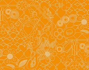 May include: A vibrant orange fabric featuring a repeating white line art pattern of stylized flowers, leaves, geometric diamond shapes, stars, and circular motifs. The design includes intricate botanical elements and abstract shapes.