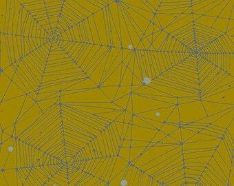 May include: A mustard yellow fabric featuring a repeating pattern of grey spider webs. The design includes thin, hand-drawn style lines forming geometric web structures with small grey dots scattered across the surface of the material.