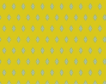 May include: A mustard yellow fabric featuring a repeating pattern of small, symmetrical diamond-shaped icons in a muted teal color. Each diamond contains a central vertical line with two small circles and horizontal bars, arranged in a grid.