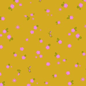 May include: A mustard yellow fabric featuring a repeating pattern of small, light pink flowers with tiny green leaves. The floral design is scattered across the surface, with each blossom depicted in a simple, stylized, and flat graphic style.