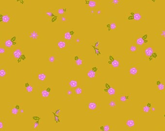 May include: A mustard yellow fabric featuring a repeating pattern of small, light pink flowers with tiny green leaves. The floral design is scattered across the surface, with each blossom depicted in a simple, stylized, and flat graphic style.