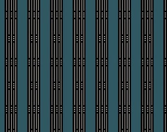 May include: A repeating pattern featuring vertical stripes on a dark teal background. The design consists of thick black bands alternating with thin white lines and small white dots arranged in horizontal groups of three within the stripes.