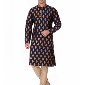 May include: Navy blue kurta pajama set with gold diamond pattern. The long-sleeved kurta features a mandarin collar with gold embroidery. The matching pajama pants are a light beige color. The text "Blue-AN822" is in the top left corner.