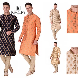 May include: Men's kurta pajama sets in navy blue, orange, and beige. The long-sleeved kurtas feature a gold leaf pattern and a mandarin collar with gold embroidery. The sets include matching pajama pants.