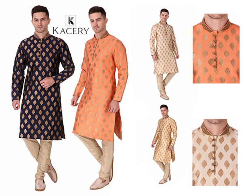 May include: Men's kurta pajama sets in navy blue, orange, and beige. The long-sleeved kurtas feature a gold leaf pattern and a mandarin collar with gold embroidery. The sets include matching pajama pants.
