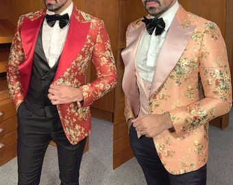 Custom Made to order Men's Pink /Red  floral  Tuxedo Blazer Slim Fit  Formal Smart Dinner Jacket size -SMALL - 5XL plus size MT88