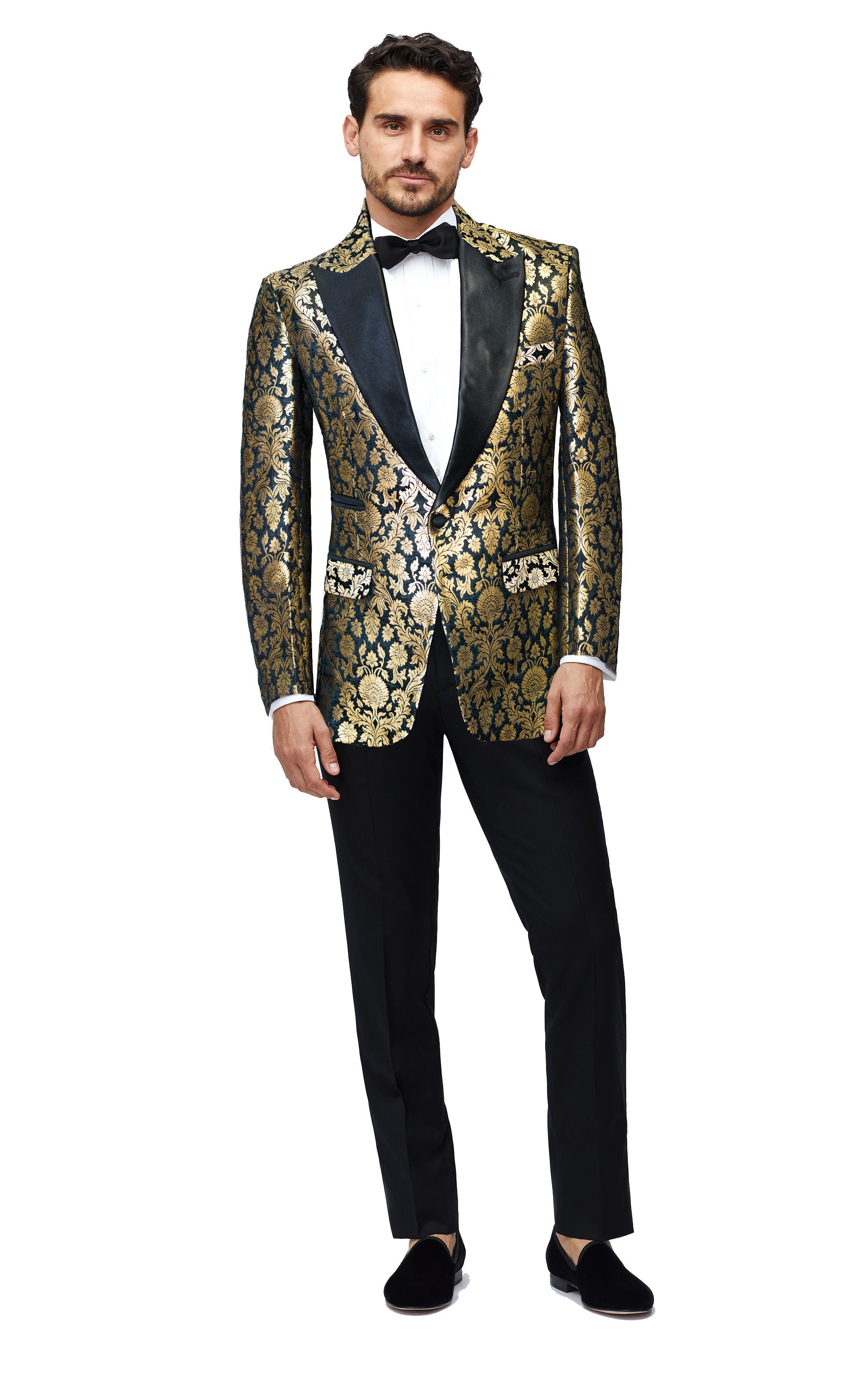 Men's Black/gold Floral Tuxedo Blazer Slim Fit Formal Brocade