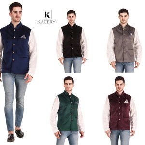 May include: A collection of five velvet vests in navy blue, black, gray, emerald green, and burgundy. Each vest features a mandarin collar, button closure, and a pocket square. The vests are displayed on a white background.