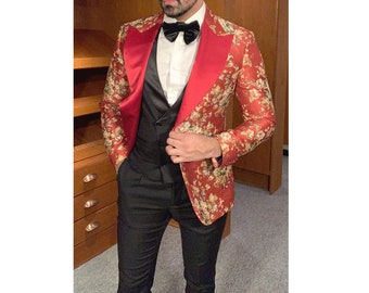 Custom Made to order Men's Pink /Red  floral  Tuxedo Blazer Slim Fit  Formal Smart Dinner Jacket size -SMALL - 5XL plus size MT93