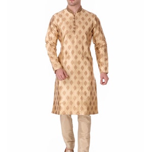 May include: A gold-colored kurta pajama set. The long-sleeved kurta features a repeating diamond pattern and a mandarin collar with gold embroidery. The matching pajama pants are a solid gold color. The text "Gold-AN824" is in the upper left corner.