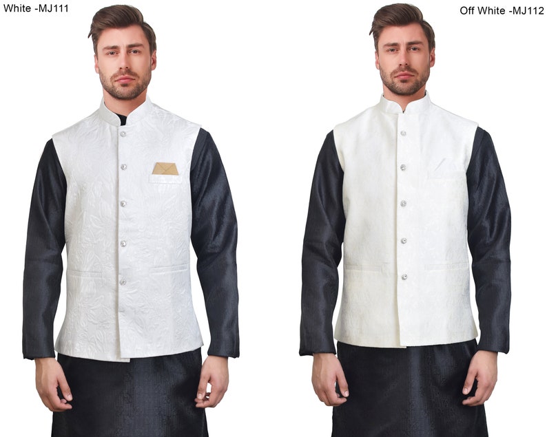 K&ouml;nnte beinhalten: Zwei Bilder einer wei&szlig;en und cremefarbenen Weste mit floralem Muster. Die Westen haben einen Stehkragen und einen Knopfverschluss. Die Westen werden &uuml;ber einem schwarzen Langarmshirt und einer schwarzen Hose getragen. Der Text "White -MJ111" und "Off White - MJ112" ist oben.