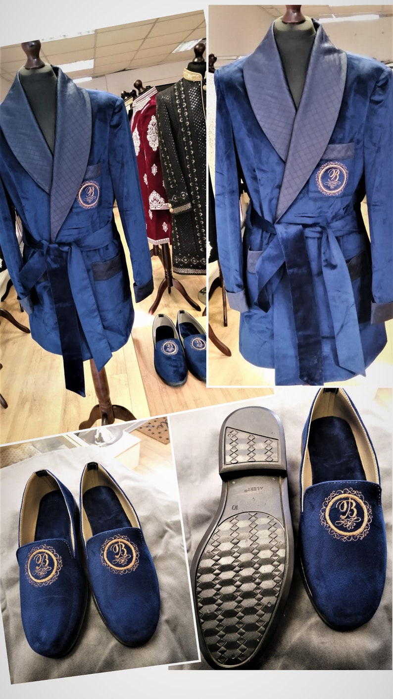 Custom made Mens smoking jacket With loafers slippers Initial monogram Dinner Coat Party Wear