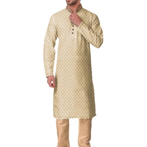 May include: Cream-colored kurta pajama set. The long-sleeved kurta features a subtle geometric pattern and decorative collar. The matching pajama pants and embroidered shoes complete the traditional Indian outfit.