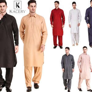 May include: Collection of men's traditional Pakistani salwar kameez in various colors, including black, tan, red, white, navy blue, gray, and light pink. Each outfit features a long tunic top and matching loose-fitting pants.
