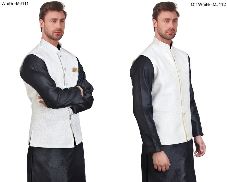 K&ouml;nnte beinhalten: Wei&szlig;es Weste mit floralem Muster, getragen &uuml;ber einem schwarzen Langarmshirt und einer schwarzen Hose. Die Weste hat einen Stehkragen und eine kleine Tasche. Das Bild zeigt die Weste aus zwei verschiedenen Blickwinkeln.