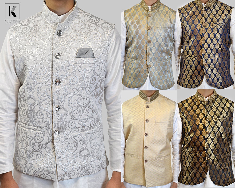 Men's Indian Stylish Brocade Embroidered Waistcoat Nehru