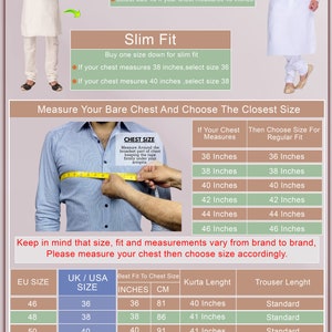 May include: White kurta pajama set with a button-down shirt and matching pants. The image includes size charts with chest measurements in inches and centimeters, and kurta and trouser lengths.
