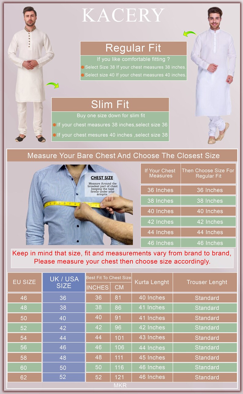 May include: White kurta pajama set with a button-down shirt and matching pants. The image includes size charts with chest measurements in inches and centimeters, and kurta and trouser lengths.