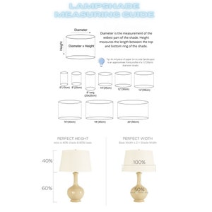 May include: A guide for measuring lampshades, with illustrations of different sizes and a diagram showing the perfect height and width ratios. The text includes measurements in inches and centimeters.