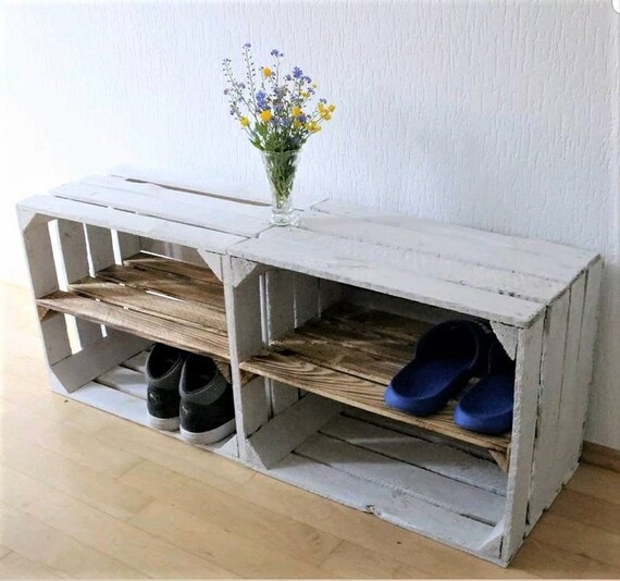Wooden Shoe Rack White Crate, Wooden Box Shoe Storage