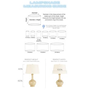 May include: A lampshade measuring guide featuring text and diagrams. It illustrates how to measure diameter and height, lists sizes from 6 inches to 20 inches, and provides a ratio guide for lamp base height and width proportions for lamps.