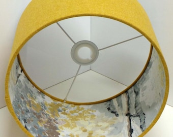 YELLOW LAMPSHADE for table lamp or ceiling Mustard shade fabric round drum Handmade in UK Silver Birch Tree Forest Tree Woodland Linen Retro