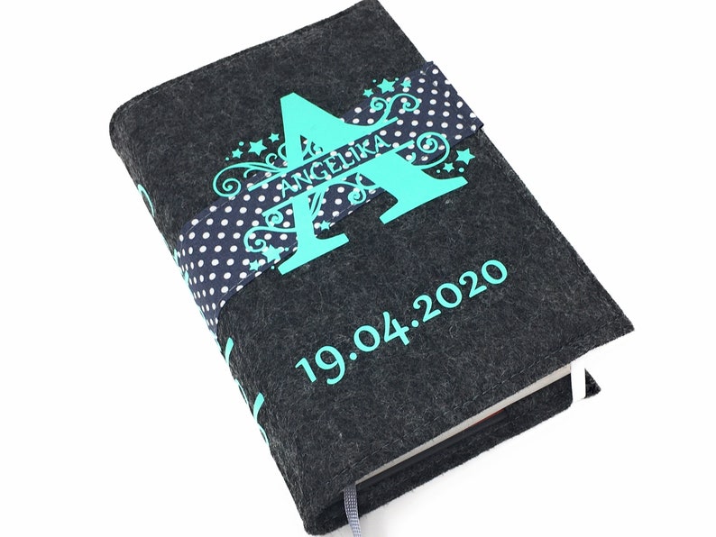 Gotteslobhülle mit Namen aus filz Monogramm Mint gesangbuchhülle Kommunion zdjęcie 3