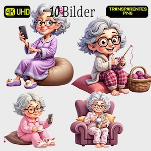 Lustige Oma PNG Set  10 Freigestellte Bilder Cartoon Großmutter im Pyjama Transparent | Stricken, Handy, Tee, Katze  Sublimation Clipart"