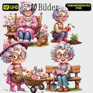 Garten Oma PNG Set – 10 Freigestellte Bilder Lustige Cartoon Großmutter Schaufel  Bank Hund Transparent für Sublimation & Printables dtf