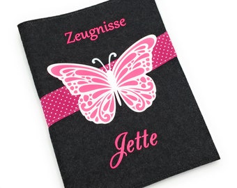 Zeugnismappe mit Namen(A4)incl.zeugniss Hefter Butterfly Dokumentenmappe pink