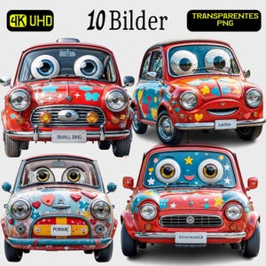 Lustige Auto PNG Set  10 Bunte Cartoon-Autos mit Augen & Emotionen Transparent, Hochauflösend Ideal für Sticker, Sublimation Print DTF UV