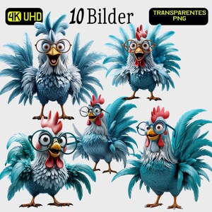 Ensemble de coqs drôles au format PNG – 10 poulets de dessin animé isolés avec des expressions faciales à lunettes | Haute résolution | Pour les autocollants imprimables et la sublimation