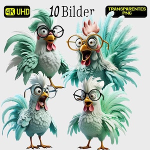Lustiger Hahn PNG Set – 10 Freigestellte Cartoon-Hühner mit Brille Gesichtsausdruck | Hochauflösend | Für DTF UV Printables & Sublimation