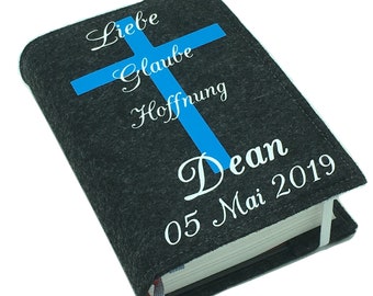 Gotteslobhülle mit Namen aus filz mit Kreuz  Blau/weis Gesangbuch