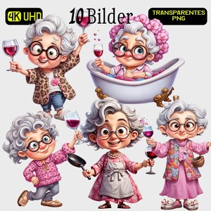 Wein-Oma PNG Set – 10 Lustige Freigestellte Cartoon-Bilder | Oma mit Weinglas, Badewanne  Pfanne | Transparent für Sublimation & Printables