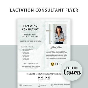 Puede incluir: Un folleto para una consultora de lactancia, con una foto de la consultora y texto que incluye el nombre de la consultora, los servicios ofrecidos, la información de contacto y una llamada a la acción para "Editar en Canva".
