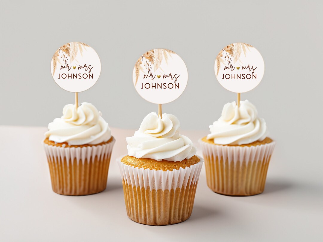 Mr &amp; Mrs Cupcake Toppers, Editable Cupcake Toppers, Pampas Grass ...