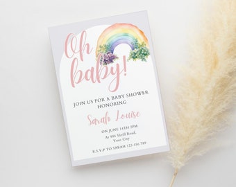Editable Rainbow Baby Shower Invitation Oh Baby Pastel Baby Shower Printable Baby Shower Invitation Baby Girl Shower Invitation Template