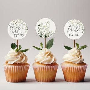 Bridal Shower Cupcake Toppers, Bride to Be, Eucalyptus Toppers, Cupcake Labels, Printable Bridal Shower Cupcake Toppers, Miss to Mrs