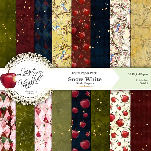 Snow White Digital Papers, Princess Paper pack, Fairy Tale Planner Stickers, Snow White Designer Paper Pad