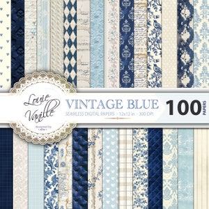 Vintage Blaue Digitale Papiere, 100 Nahtlose Blaue Hintergrundpapiere, Blaue Drucke, Antike Blaue und Beige Tapete, Scrapbooking Junk Journal