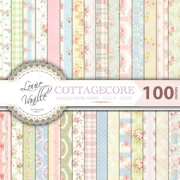 Cottagecore Floral Digital Paper Pack, 100 Seamless Pastel Cottage Backgrounds, Shabby Chic Paper Set,  Rococo Vintage Spring Scrapbooking