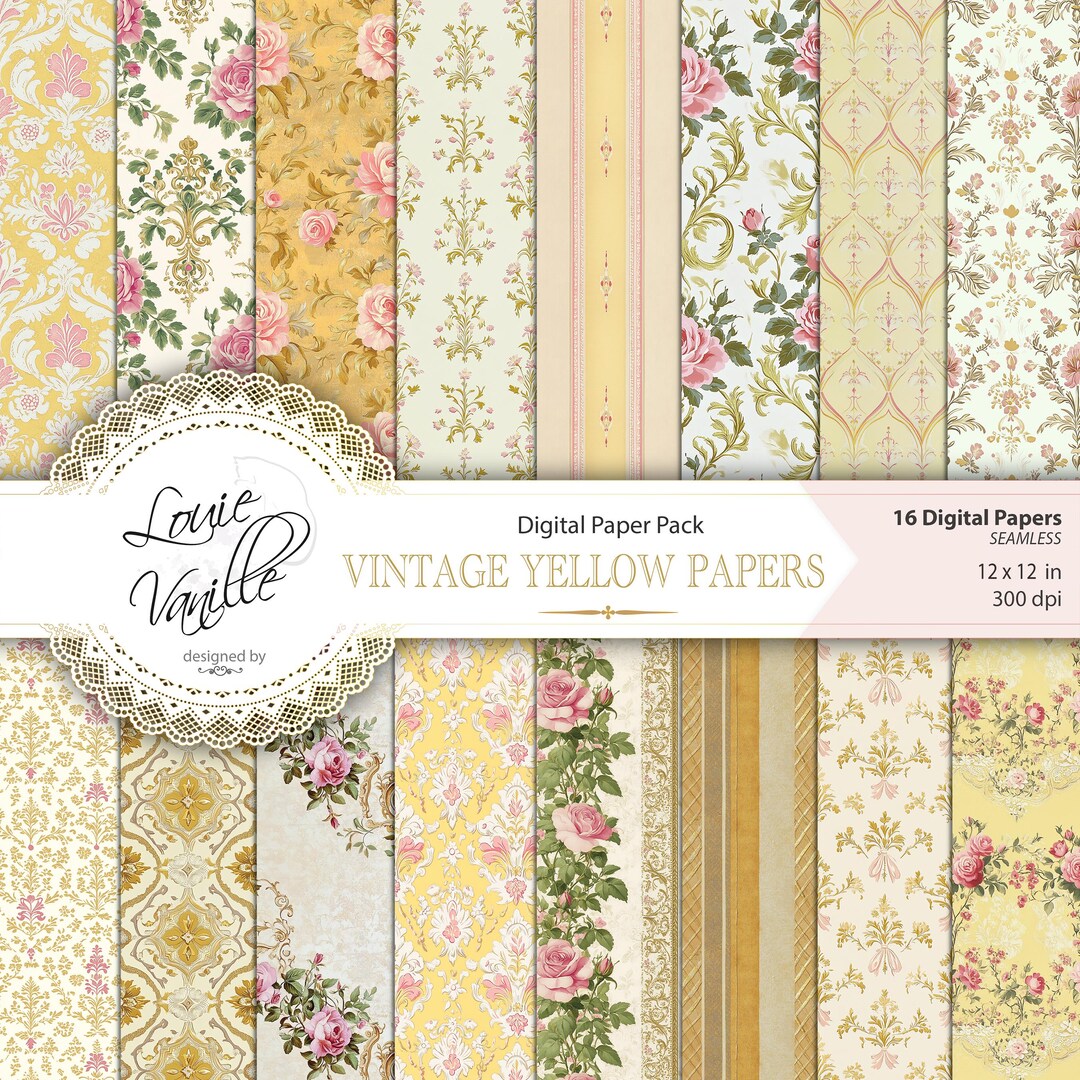 Vintage Yellow Floral Digital Paper Pack: Shabby Chic Scrapbooking ...