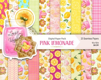 Lemon Digital Paper, Pink Lemonade Watercolor SEAMLESS Scrapbook Sheet, 20 Patterns