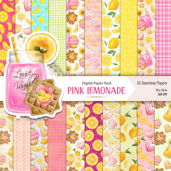 Lemon Digital Paper, Pink Lemonade Watercolor SEAMLESS Scrapbook Sheet, 20 Patterns