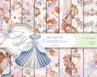 Cinderella Digital Paper Pack, Princess Paper pack, Fairy Tale Planner Stickers, Cinderella Designer Paper Pad