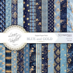 Carta digitale blu e oro, motivi usurati senza soluzione di continuità, pagine per scrapbooking, set di carta vintage, collage digitale di stampe di Junk Journal